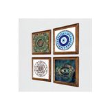 Pinecone Mandala, Nazar, Sri Yantra Taş Duvar Tablosu - Ahşap Çerçeveli Taş Tablo - 25x25 cm - 4 Parça Set - Dekoratif Duvar Sanatı - Modern Ev ve Ofis Duvar Dekoru W4-1004