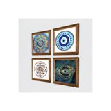 Pinecone Mandala, Nazar, Sri Yantra Taş Duvar Tablosu - Ahşap Çerçeveli Taş Tablo - 25x25 cm - 4 Parça Set - Dekoratif Duvar Sanatı - Modern Ev ve Ofis Duvar Dekoru W4-1006