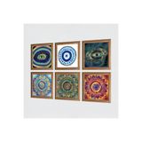 Pinecone Mandala, Nazar Taş Duvar Tablosu - Ahşap Çerçeveli Taş Tablo - 25x25 cm - 6 Parça Set - Dekoratif Duvar Sanatı - Modern Ev ve Ofis Duvar Dekoru W6-63