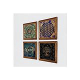 Pinecone Mandala, Nazar, Yaşam Çiçeği, Hayat Ağacı Taş Duvar Tablosu - Ahşap Çerçeveli Taş Tablo - 25x25 cm - 4 Parça Set - Dekoratif Duvar Sanatı - Modern Ev ve Ofis Duvar Dekoru W4-100