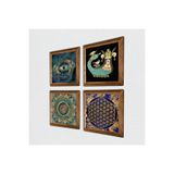 Pinecone Mandala, Nazar, Yaşam Çiçeği, Şahmeran Taş Duvar Tablosu - Ahşap Çerçeveli Taş Tablo - 25x25 cm - 4 Parça Set - Dekoratif Duvar Sanatı - Modern Ev ve Ofis Duvar Dekoru W4-781