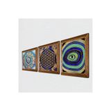 Pinecone Mandala, Nazar, Yaşam Çiçeği Taş Duvar Tablosu - Ahşap Çerçeveli Taş Tablo - 25x25 cm - 3 Parça Set - Dekoratif Duvar Sanatı - Modern Ev ve Ofis Duvar Dekoru W3-334