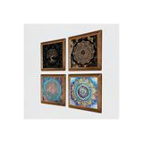 Pinecone Mandala, Sri Yantra, Yaşam Çiçeği, Hayat Ağacı Taş Duvar Tablosu - Ahşap Çerçeveli Taş Tablo - 25x25 cm - 4 Parça Set - Dekoratif Duvar Sanatı - Modern Ev ve Ofis Duvar Dekoru W4-739