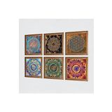 Pinecone Mandala, Sri Yantra, Yaşam Çiçeği Taş Duvar Tablosu - Ahşap Çerçeveli Taş Tablo - 25x25 cm - 6 Parça Set - Dekoratif Duvar Sanatı - Modern Ev ve Ofis Duvar Dekoru W6-66