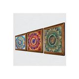 Pinecone Mandala Taş Duvar Tablosu - Ahşap Çerçeveli Taş Tablo - 25x25 cm - 3 Parça Set - Dekoratif Duvar Sanatı - Modern Ev ve Ofis Duvar Dekoru W3-36