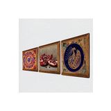 Pinecone Mandala, Tavus Kuşu, Nar Taş Duvar Tablosu - Ahşap Çerçeveli Taş Tablo - 25x25 cm - 3 Parça Set - Dekoratif Duvar Sanatı - Modern Ev ve Ofis Duvar Dekoru W3-1664