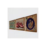 Pinecone Mandala, Tavus Kuşu, Nar Taş Duvar Tablosu - Ahşap Çerçeveli Taş Tablo - 25x25 cm - 3 Parça Set - Dekoratif Duvar Sanatı - Modern Ev ve Ofis Duvar Dekoru W3-1665