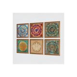 Pinecone Mandala, Yaşam Çiçeği, Lotus Çiçeği Taş Duvar Tablosu - Ahşap Çerçeveli Taş Tablo - 25x25 cm - 6 Parça Set - Dekoratif Duvar Sanatı - Modern Ev ve Ofis Duvar Dekoru W6-35