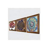 Pinecone Mandala, Yaşam Çiçeği, Nar Ağacı Taş Duvar Tablosu - Ahşap Çerçeveli Taş Tablo - 25x25 cm - 3 Parça Set - Dekoratif Duvar Sanatı - Modern Ev ve Ofis Duvar Dekoru W3-343