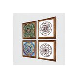 Pinecone Mandala, Yaşam Çiçeği, Sri Yantra Taş Duvar Tablosu - Ahşap Çerçeveli Taş Tablo - 25x25 cm - 4 Parça Set - Dekoratif Duvar Sanatı - Modern Ev ve Ofis Duvar Dekoru W4-713