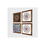 Pinecone Mandala, Yaşam Çiçeği, Sri Yantra Taş Duvar Tablosu - Ahşap Çerçeveli Taş Tablo - 25x25 cm - 4 Parça Set - Dekoratif Duvar Sanatı - Modern Ev ve Ofis Duvar Dekoru W4-714