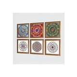 Pinecone Mandala, Yaşam Çiçeği, Sri Yantra Taş Duvar Tablosu - Ahşap Çerçeveli Taş Tablo - 25x25 cm - 6 Parça Set - Dekoratif Duvar Sanatı - Modern Ev ve Ofis Duvar Dekoru W6-38