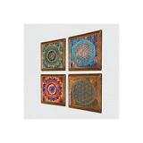 Pinecone Mandala, Yaşam Çiçeği Taş Duvar Tablosu - Ahşap Çerçeveli Taş Tablo - 25x25 cm - 4 Parça Set - Dekoratif Duvar Sanatı - Modern Ev ve Ofis Duvar Dekoru W4-712