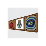 Pinecone Nazar, Bereket Duası, Fatma Ana Eli (Hamsa) Taş Duvar Tablosu - Ahşap Çerçeveli Taş Tablo - 25x25 cm - 3 Parça Set - Dekoratif Duvar Sanatı - Modern Ev ve Ofis Duvar Dekoru W3-117