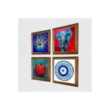 Pinecone Nazar, Fil, Hayat Ağacı, Nar Taş Duvar Tablosu - Ahşap Çerçeveli Taş Tablo - 25x25 cm - 4 Parça Set - Dekoratif Duvar Sanatı - Modern Ev ve Ofis Duvar Dekoru W4-872