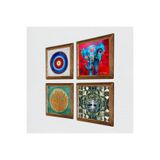 Pinecone Nazar, Hayat Ağacı, Fil, Lotus Çiçeği Taş Duvar Tablosu - Ahşap Çerçeveli Taş Tablo - 25x25 cm - 4 Parça Set - Dekoratif Duvar Sanatı - Modern Ev ve Ofis Duvar Dekoru W4-893