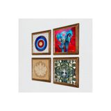 Pinecone Nazar, Hayat Ağacı, Fil, Lotus Çiçeği Taş Duvar Tablosu - Ahşap Çerçeveli Taş Tablo - 25x25 cm - 4 Parça Set - Dekoratif Duvar Sanatı - Modern Ev ve Ofis Duvar Dekoru W4-897