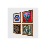 Pinecone Nazar, Hayat Ağacı, Fil, Sri Yantra Taş Duvar Tablosu - Ahşap Çerçeveli Taş Tablo - 25x25 cm - 4 Parça Set - Dekoratif Duvar Sanatı - Modern Ev ve Ofis Duvar Dekoru W4-891