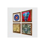 Pinecone Nazar, Hayat Ağacı, Fil Taş Duvar Tablosu - Ahşap Çerçeveli Taş Tablo - 25x25 cm - 4 Parça Set - Dekoratif Duvar Sanatı - Modern Ev ve Ofis Duvar Dekoru W4-904