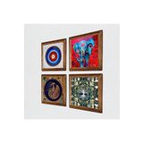Pinecone Nazar, Hayat Ağacı, Fil, Tavus Kuşu Taş Duvar Tablosu - Ahşap Çerçeveli Taş Tablo - 25x25 cm - 4 Parça Set - Dekoratif Duvar Sanatı - Modern Ev ve Ofis Duvar Dekoru W4-894