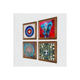 Pinecone Nazar, Hayat Ağacı, Fil, Yaşam Çiçeği Taş Duvar Tablosu - Ahşap Çerçeveli Taş Tablo - 25x25 cm - 4 Parça Set - Dekoratif Duvar Sanatı - Modern Ev ve Ofis Duvar Dekoru W4-892