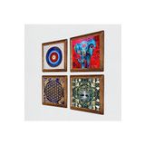 Pinecone Nazar, Hayat Ağacı, Fil, Yaşam Çiçeği Taş Duvar Tablosu - Ahşap Çerçeveli Taş Tablo - 25x25 cm - 4 Parça Set - Dekoratif Duvar Sanatı - Modern Ev ve Ofis Duvar Dekoru W4-899