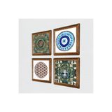 Pinecone Nazar, Hayat Ağacı, Mandala, Yaşam Çiçeği Taş Duvar Tablosu - Ahşap Çerçeveli Taş Tablo - 25x25 cm - 4 Parça Set - Dekoratif Duvar Sanatı - Modern Ev ve Ofis Duvar Dekoru W4-1003