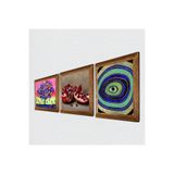 Pinecone Nazar, Hayat Ağacı, Nar Taş Duvar Tablosu - Ahşap Çerçeveli Taş Tablo - 25x25 cm - 3 Parça Set - Dekoratif Duvar Sanatı - Modern Ev ve Ofis Duvar Dekoru W3-1056