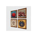 Pinecone Nazar, Hayat Ağacı, Nar Taş Duvar Tablosu - Ahşap Çerçeveli Taş Tablo - 25x25 cm - 4 Parça Set - Dekoratif Duvar Sanatı - Modern Ev ve Ofis Duvar Dekoru W4-653