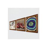 Pinecone Nazar, Leonardo da Vinci At Heykeli, Nar Taş Duvar Tablosu - Ahşap Çerçeveli Taş Tablo - 25x25 cm - 3 Parça Set - Dekoratif Duvar Sanatı - Modern Ev ve Ofis Duvar Dekoru W3-1323