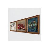 Pinecone Nazar, Leonardo da Vinci At Heykeli, Nar Taş Duvar Tablosu - Ahşap Çerçeveli Taş Tablo - 25x25 cm - 3 Parça Set - Dekoratif Duvar Sanatı - Modern Ev ve Ofis Duvar Dekoru W3-1324