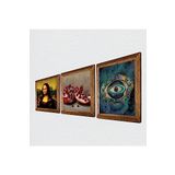 Pinecone Nazar, Leonardo da Vinci Mona Lisa, Nar Taş Duvar Tablosu - Ahşap Çerçeveli Taş Tablo - 25x25 cm - 3 Parça Set - Dekoratif Duvar Sanatı - Modern Ev ve Ofis Duvar Dekoru W3-1433