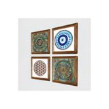 Pinecone Nazar, Mandala, Yaşam Çiçeği Taş Duvar Tablosu - Ahşap Çerçeveli Taş Tablo - 25x25 cm - 4 Parça Set - Dekoratif Duvar Sanatı - Modern Ev ve Ofis Duvar Dekoru W4-1002