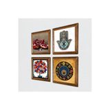 Pinecone Nazar, Nar, Nar Ağacı, Fatma Ana Eli (Hamsa) Taş Duvar Tablosu - Ahşap Çerçeveli Taş Tablo - 25x25 cm - 4 Parça Set - Dekoratif Duvar Sanatı - Modern Ev ve Ofis Duvar Dekoru W4-656