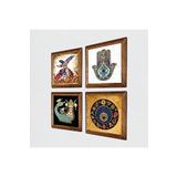 Pinecone Nazar, Şahmeran, Semazen, Fatma Ana Eli (Hamsa) Taş Duvar Tablosu - Ahşap Çerçeveli Taş Tablo - 25x25 cm - 4 Parça Set - Dekoratif Duvar Sanatı - Modern Ev ve Ofis Duvar Dekoru W4-654