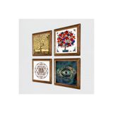 Pinecone Nazar, Sri Yantra, Gustav Klimt Hayat Ağacı, Nar Ağacı Taş Duvar Tablosu - Ahşap Çerçeveli Taş Tablo - 25x25 cm - 4 Parça Set - Dekoratif Duvar Sanatı - Modern Ev Duvar Dekoru W4-1009