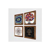 Pinecone Nazar, Sri Yantra, Hayat Ağacı, Nar Ağacı Taş Duvar Tablosu - Ahşap Çerçeveli Taş Tablo - 25x25 cm - 4 Parça Set - Dekoratif Duvar Sanatı - Modern Ev ve Ofis Duvar Dekoru W4-1019