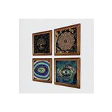Pinecone Nazar, Sri Yantra, Hayat Ağacı Taş Duvar Tablosu - Ahşap Çerçeveli Taş Tablo - 25x25 cm - 4 Parça Set - Dekoratif Duvar Sanatı - Modern Ev ve Ofis Duvar Dekoru W4-725