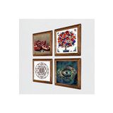 Pinecone Nazar, Sri Yantra, Nar, Nar Ağacı Taş Duvar Tablosu - Ahşap Çerçeveli Taş Tablo - 25x25 cm - 4 Parça Set - Dekoratif Duvar Sanatı - Modern Ev ve Ofis Duvar Dekoru W4-1010