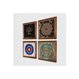 Pinecone Nazar, Sri Yantra, Yaşam Çiçeği, Hayat Ağacı Taş Duvar Tablosu - Ahşap Çerçeveli Taş Tablo - 25x25 cm - 4 Parça Set - Dekoratif Duvar Sanatı - Modern Ev ve Ofis Duvar Dekoru W4-730