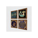 Pinecone Nazar, Tavus Kuşu, Yaşam Çiçeği, Şahmeran Taş Duvar Tablosu - Ahşap Çerçeveli Taş Tablo - 25x25 cm - 4 Parça Set - Dekoratif Duvar Sanatı - Modern Ev ve Ofis Duvar Dekoru W4-776