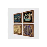 Pinecone Nazar, Yaşam Çiçeği, Gustav Klimt Hayat Ağacı, Şahmeran Taş Duvar Tablosu - Ahşap Çerçeveli Taş Tablo - 25x25 cm - 4 Parça Set - Dekoratif Duvar Sanatı - Modern Ev Duvar Dekoru W4-795