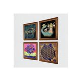 Pinecone Nazar, Yaşam Çiçeği, Hayat Ağacı, Şahmeran Taş Duvar Tablosu - Ahşap Çerçeveli Taş Tablo - 25x25 cm - 4 Parça Set - Dekoratif Duvar Sanatı - Modern Ev ve Ofis Duvar Dekoru W4-796