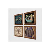 Pinecone Nazar, Yaşam Çiçeği, Şahmeran, Hayat Ağacı Taş Duvar Tablosu - Ahşap Çerçeveli Taş Tablo - 25x25 cm - 4 Parça Set - Dekoratif Duvar Sanatı - Modern Ev ve Ofis Duvar Dekoru W4-794