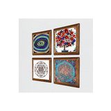 Pinecone Nazar, Yaşam Çiçeği, Sri Yantra, Nar Ağacı Taş Duvar Tablosu - Ahşap Çerçeveli Taş Tablo - 25x25 cm - 4 Parça Set - Dekoratif Duvar Sanatı - Modern Ev ve Ofis Duvar Dekoru W4-1020