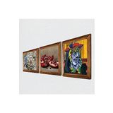Pinecone Picasso Ağlayan Kadın, Kelebekli Çiçek, Nar Taş Duvar Tablosu - Ahşap Çerçeveli Taş Tablo - 25x25 cm - 3 Parça Set - Dekoratif Duvar Sanatı - Modern Ev ve Ofis Duvar Dekoru W3-1199