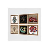 Pinecone Şahmeran, Hayat Ağacı, Nar, Nar Ağacı, Fatma Ana Eli (Hamsa) Taş Duvar Tablosu - Ahşap Çerçeveli Taş Tablo - 25x25 cm - 6 Parça Set - Dekoratif Duvar Sanatı - Modern Ev Duvar Dekoru W6-32
