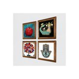 Pinecone Şahmeran, Nar Ağacı, Nar, Fatma Ana Eli (Hamsa) Taş Duvar Tablosu - Ahşap Çerçeveli Taş Tablo - 25x25 cm - 4 Parça Set - Dekoratif Duvar Sanatı - Modern Ev ve Ofis Duvar Dekoru W4-26