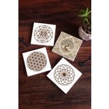 Pinecone SC104 Stone Coasters Yaşam Çiçeği Sri Yantra Hayat Ağacı 4 Parça 10x10 cm Masaüstü Taş Bardak Altlığı