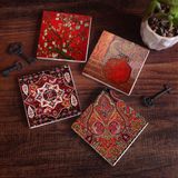 Pinecone SC113 4 Parça Set 10x10 cm Stone Coasters Nar Desen Van Gogh Badem Ağacı Taş Bardak Altlığı Masaüstü Koruyucu Altlık